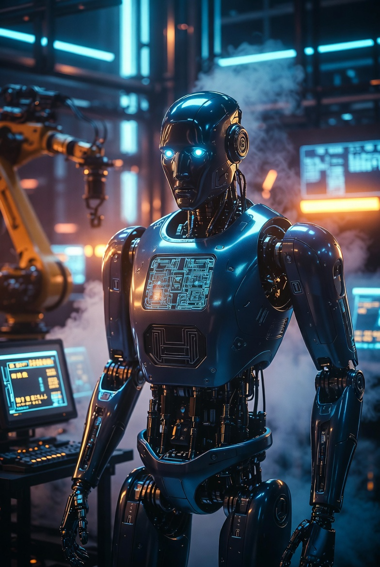 Advanced humanoid robot in a futuristic factory