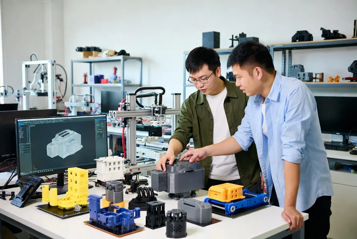 Engineers working with 3D printing and prototypes